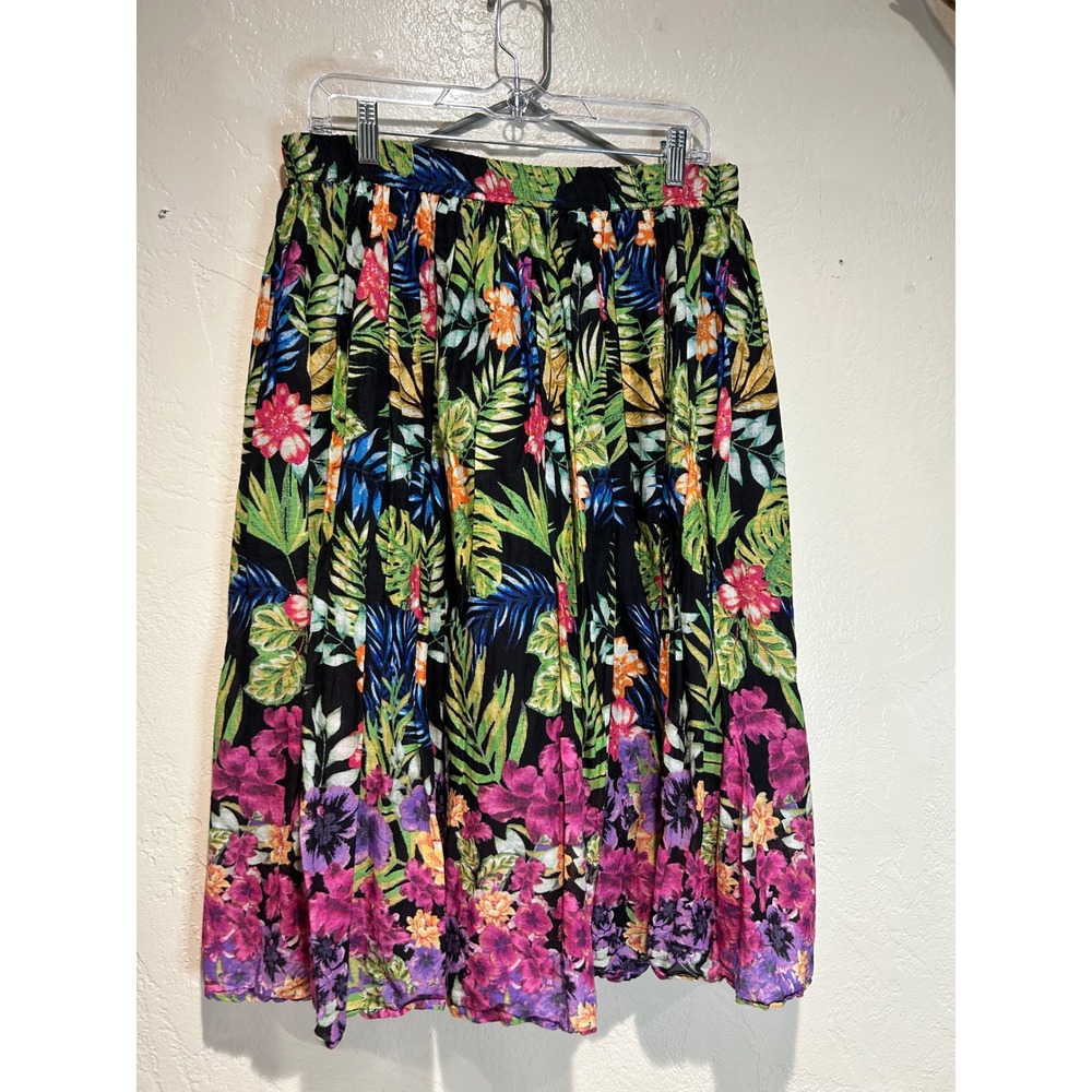 Blair Womens Petite Medium PM Tropical Floral Midi Skirt Black Elastic Waist